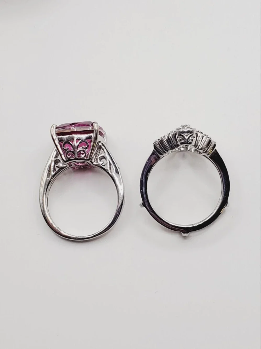 Cushion Pink Quartz & White Zircon Halo Bridal Wedding Ring Set Platinum - 925